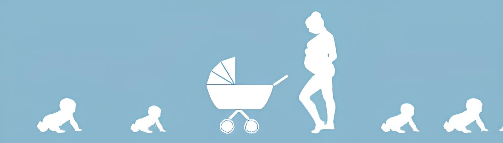 Illustratie van een zwangere vrouw, kinderwagen en kruipende kindjes